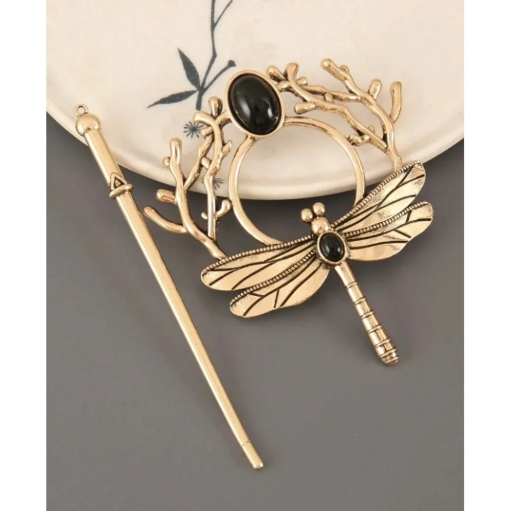 Bohemian Totem Hair Clip Set Vintage Zinc Alloy Dragonfly Owl Dragon Gold Tone